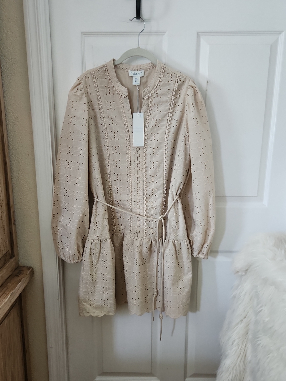 Eyelet Long Sleeve Dress in Beige
